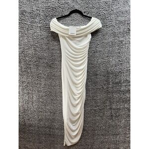 Misha Collection Keoni Off Shoulder Slinky Ruched Bodycon Midi Dress Ivory XS